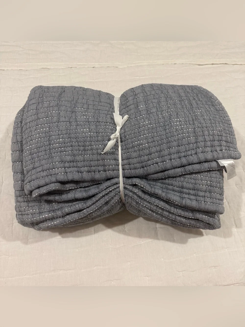 New Quince Organic Cotton Channel Stitch Coverlet Set King/CalKing $174 Blue